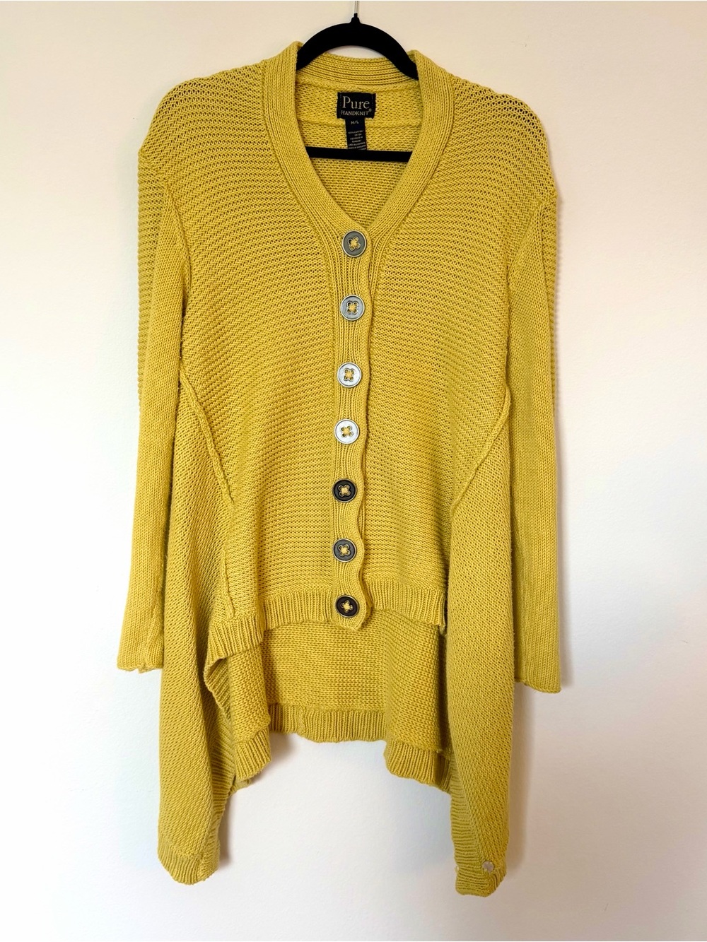 Pure Handknit Chartreuse Yellow Cotton Cardigan Large Silver Buttons Medium